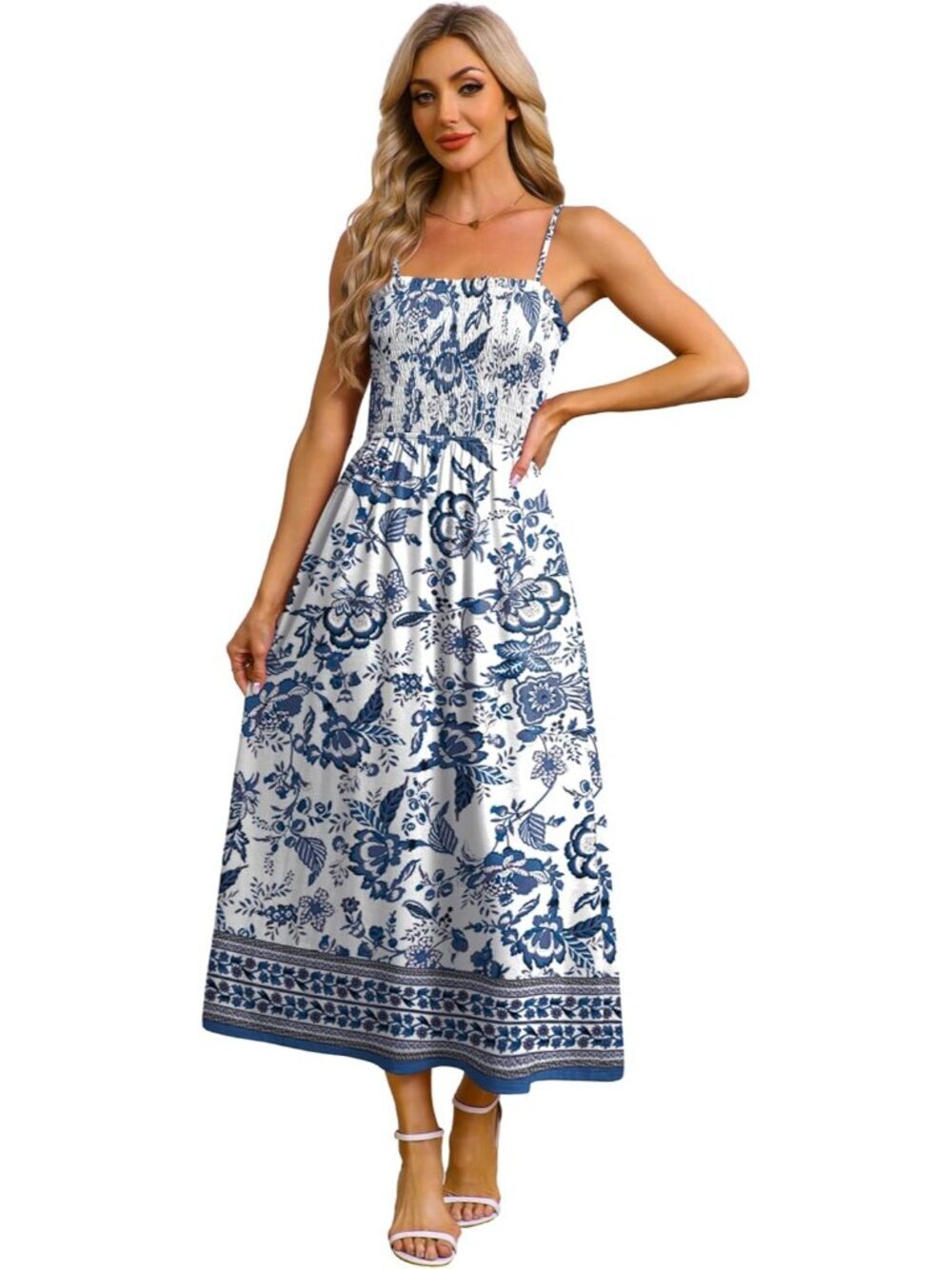Women's Blue Floral Spaghetti Strap Smocked Casual Boho Beach Long Maxi Dresses - Picture 4 of 5